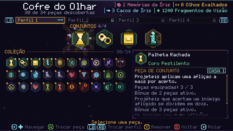 Cofre do Olhar, com quatro Peças de Conjunto equipadas e a coleção abaixo