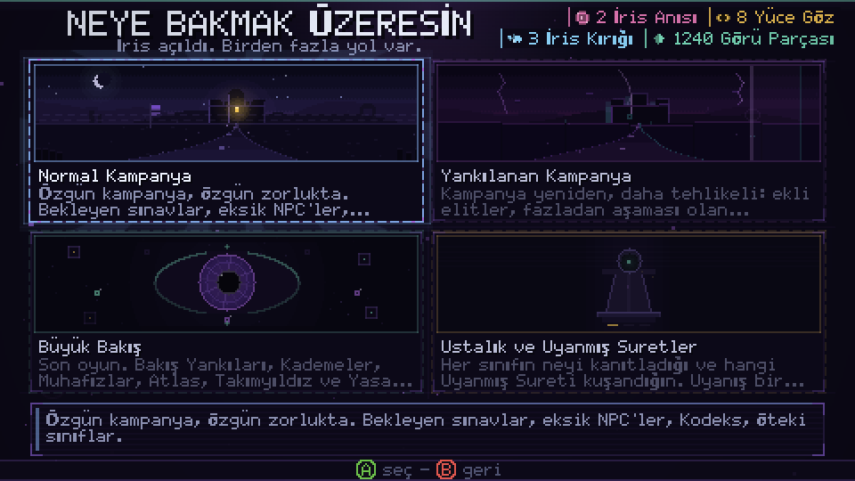 Dört yol ekranı: Kampanya, Yankılanan Kampanya, Büyük Bakış ve Ustalıklar